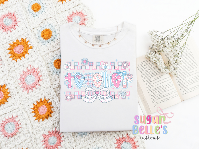 Pink and blue preppy teacher